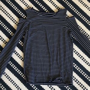 Blue and white open shoulder long sleeve